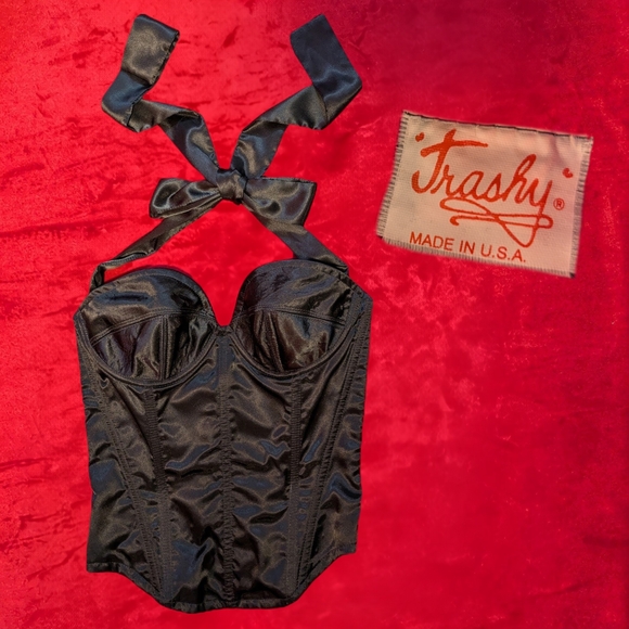 Trashy Lingerie Tops - vintage trashy lingerie Playboy bunny costume halter bustier with ribbon tie 36B